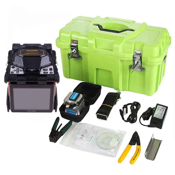 Soudeuse D1 d2 fibre optique T-207 avec écran LCD, batterie rechargeable et accessoires complets.