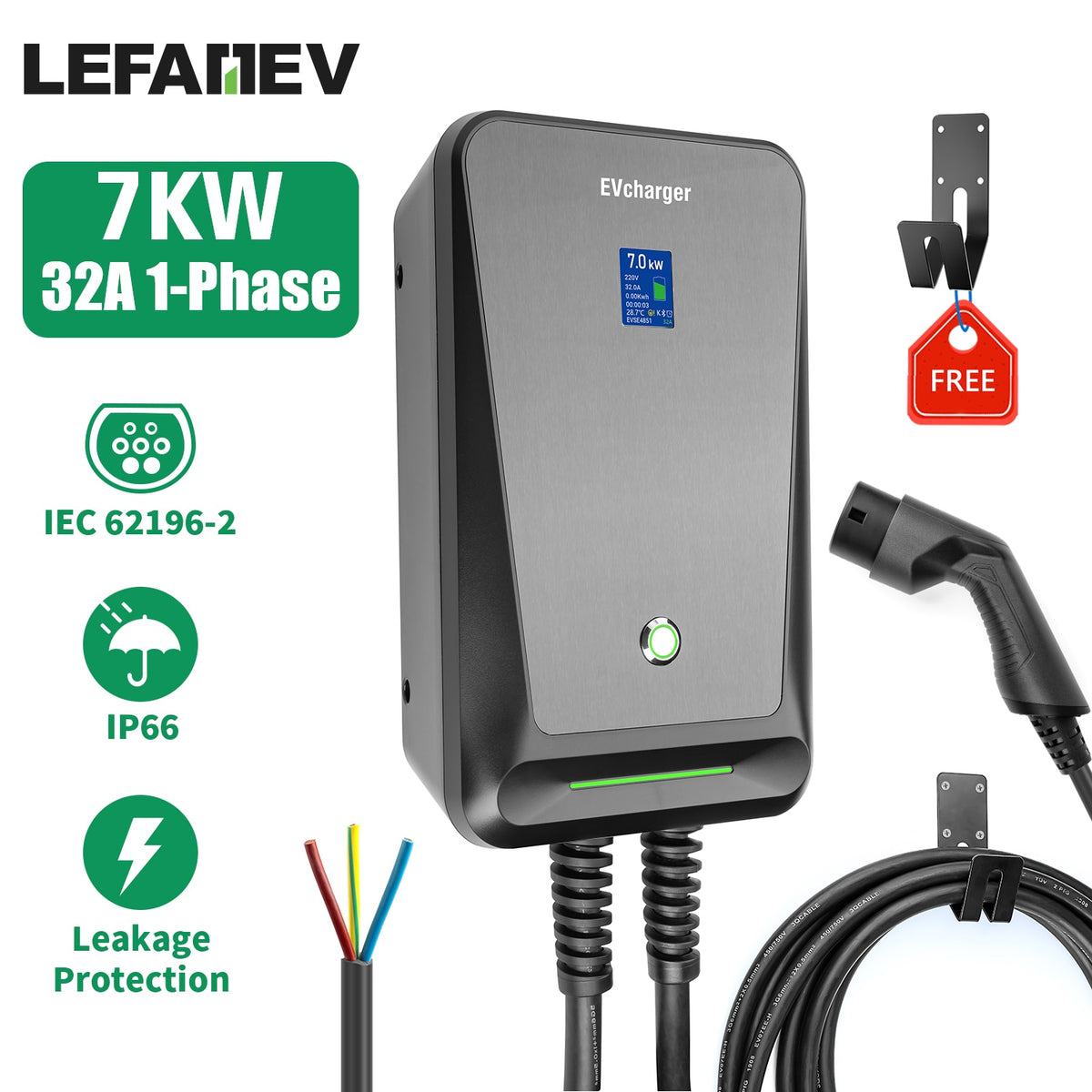 EVSE-Chargeur EV pour Voiture Électrique, Prise Type 2, 3 Phases, Niveau 2,  32A, 22kW, 380V, Wallbox, Câble de 5m, Recharge Domestique