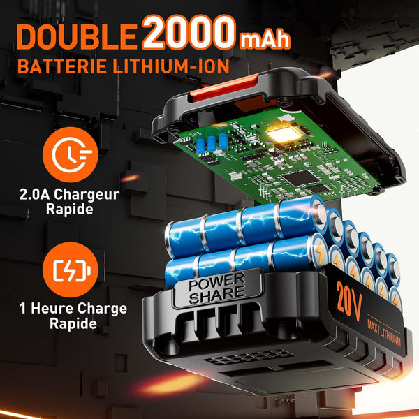 Perceuse Visseuse Sans Fil 20V – 2 Batteries 2.0Ah, 42Nm, 25+1 Réglages, 24 Accessoires