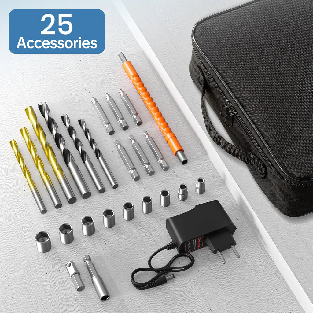 Perceuse Visseuse Sans Fil 20V – 2 Batteries 2.0Ah, 42Nm, 25+1 Réglages, 24 Accessoires