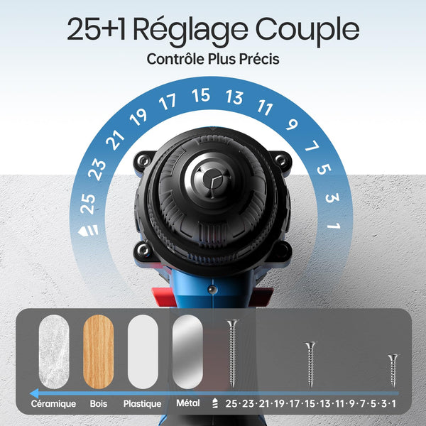 Perceuse Visseuse Sans Fil 20V – 2 Batteries 2.0Ah, 42Nm, 25+1 Réglages, 24 Accessoires