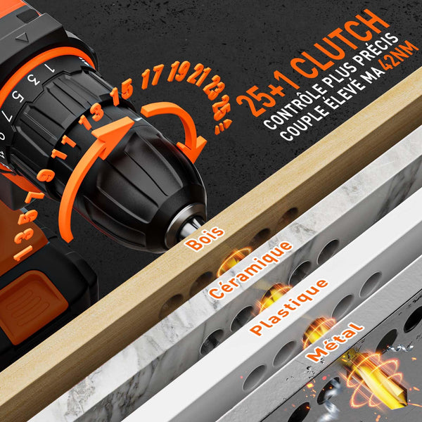 Perceuse Visseuse Sans Fil 20V – 2 Batteries 2.0Ah, 42Nm, 25+1 Réglages, 24 Accessoires