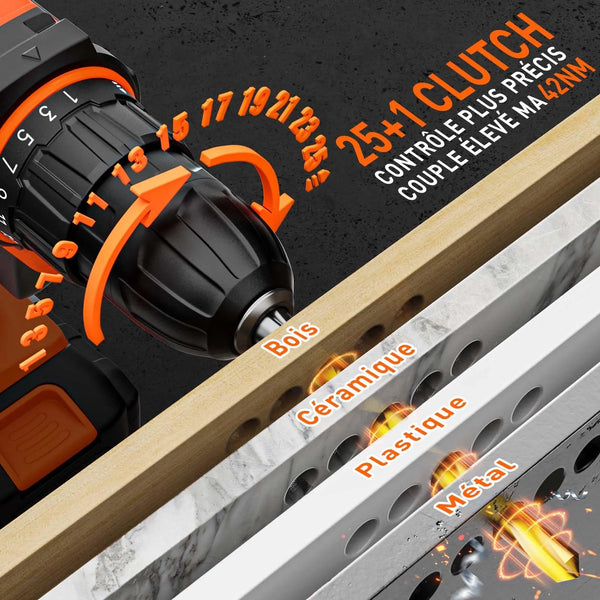 Perceuse Visseuse Sans Fil 20V – 2 Batteries 2.0Ah, 42Nm, 25+1 Réglages, 24 Accessoires