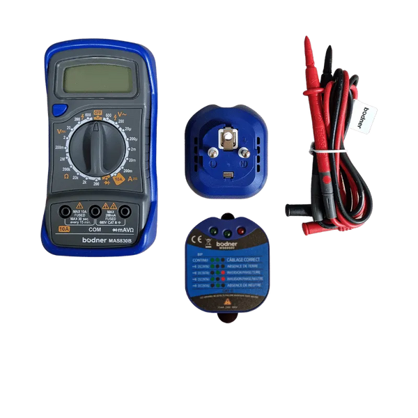 Image du testeur de prise et multimètre numérique, un outil électrique compact et portable utilisé pour mesurer la tension, le courant et la résistance. Il est facile à utiliser pour les professionnels de l’électricité et les amateurs. L’image montre le testeur de prise avec des indicateurs LED et l’écran LCD du multimètre numérique affichant les résultats de mesure.