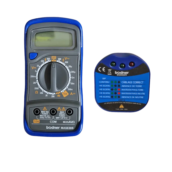 Image du testeur de prise et multimètre numérique, un outil électrique compact et portable utilisé pour mesurer la tension, le courant et la résistance. Il est facile à utiliser pour les professionnels de l’électricité et les amateurs. L’image montre le testeur de prise avec des indicateurs LED et l’écran LCD du multimètre numérique affichant les résultats de mesure.