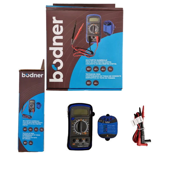 Image du testeur de prise et multimètre numérique, un outil électrique compact et portable utilisé pour mesurer la tension, le courant et la résistance. Il est facile à utiliser pour les professionnels de l’électricité et les amateurs. L’image montre le testeur de prise avec des indicateurs LED et l’écran LCD du multimètre numérique affichant les résultats de mesure.