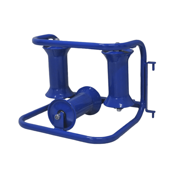 Image d’un galet d’entrée à angle avec un rouleau passage de 90mm pour système de levage et de traction. Emboîtement par gonds rapides et s’adapte à tous les rayons de courbure